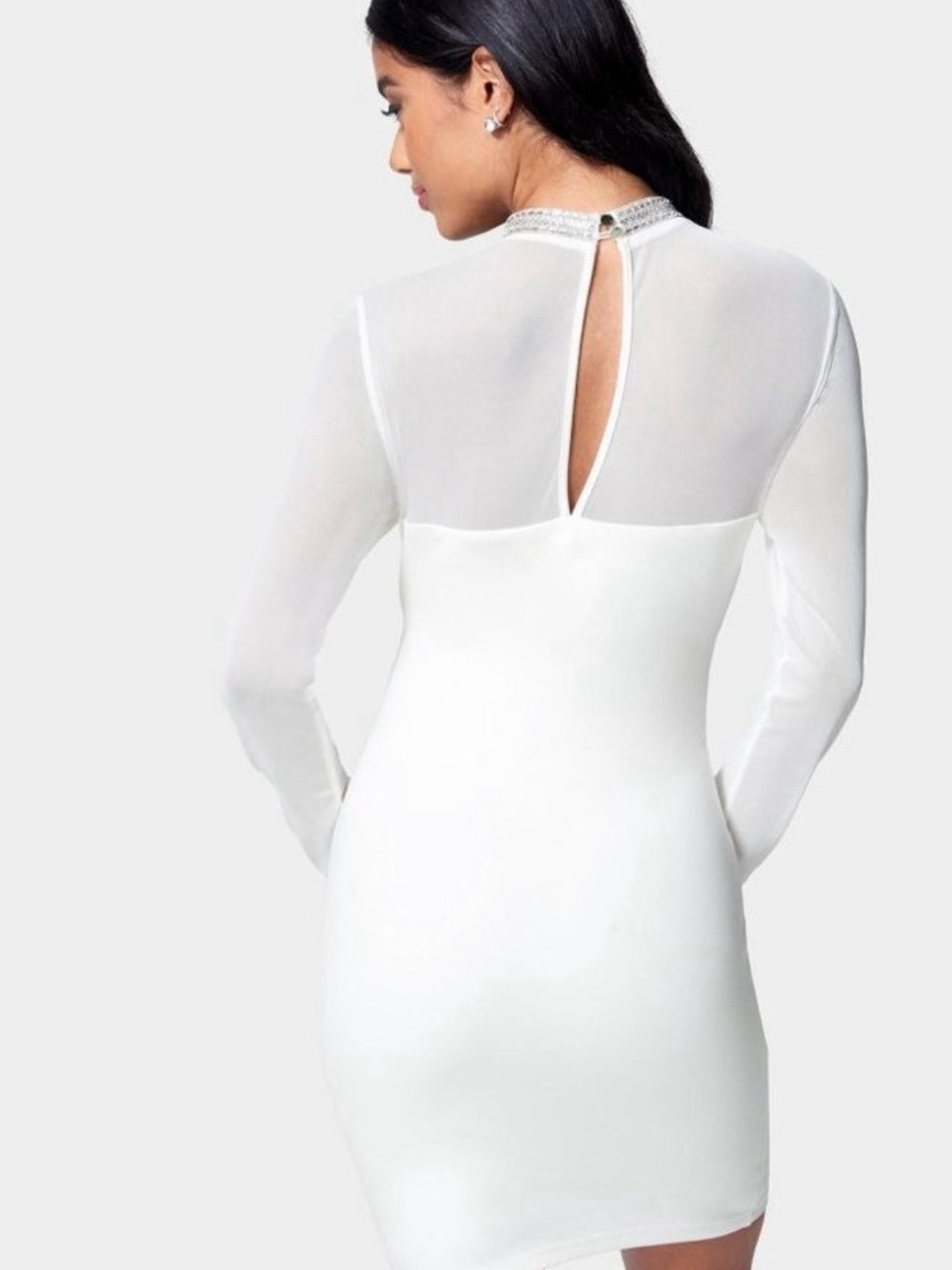 bebe Crystal Mesh Mini Dress Bright White NWT Size S Rhinestone Bodycon - Picture 2 of 13